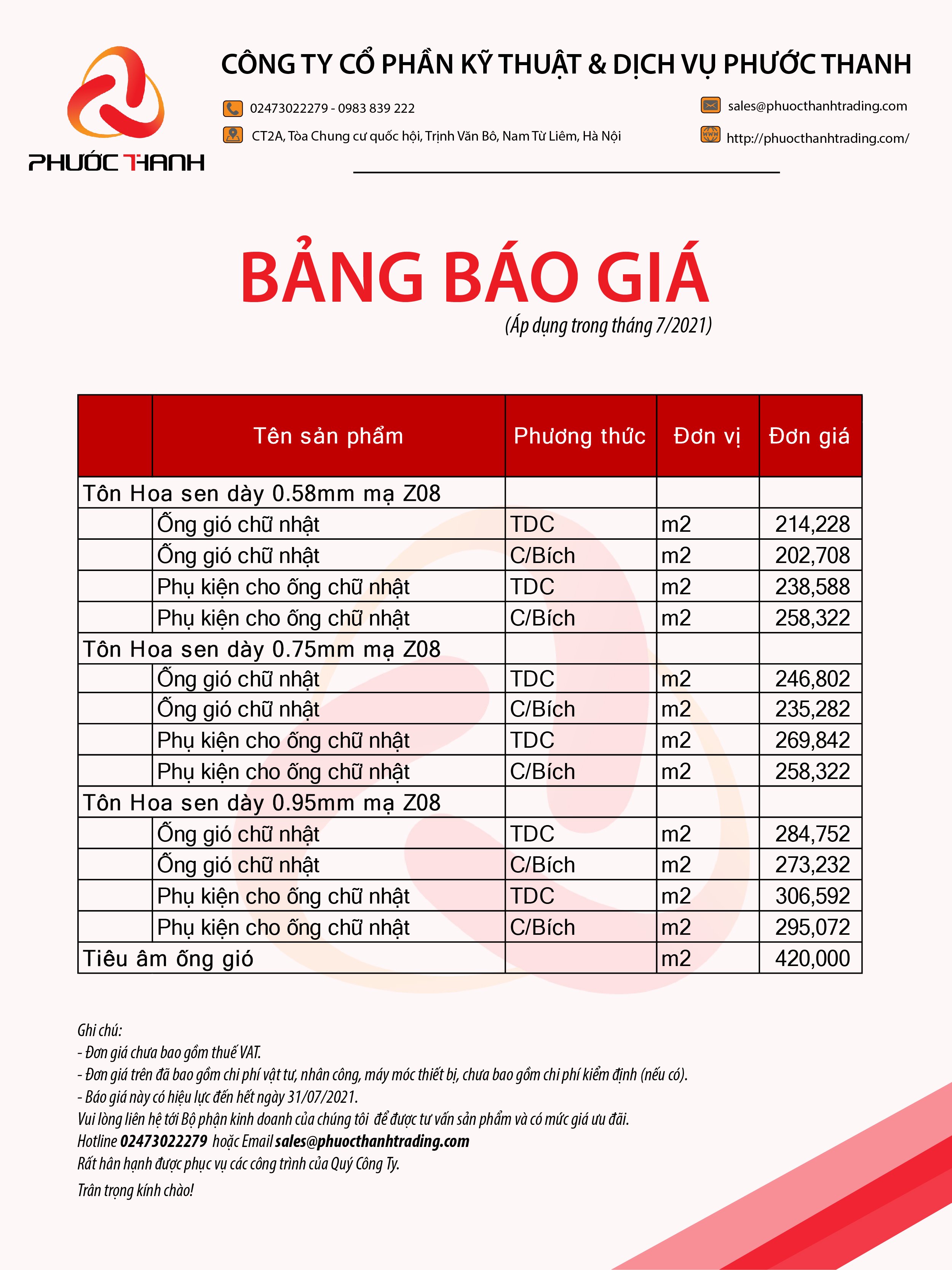 Bảng báo giá ống gió và phụ kiện Phước Thanh